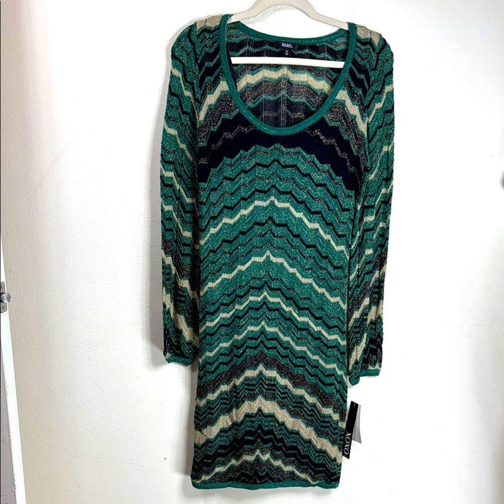 (T6)Y2K XOXO Dress for Size M, Green,Chevron Knit Dress, Cottage core, Mid-90s